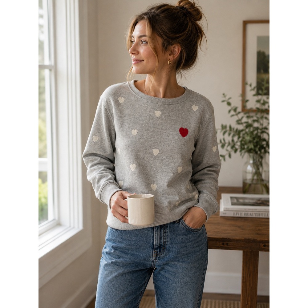 Talbots Womens Grey Embroidered Heart Crewneck Sweatshirt Size M